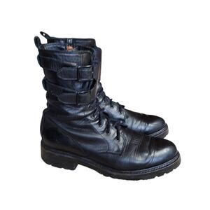 Frye Julie Biker Engineer Black Leather Lace-up Lug Sole Boots